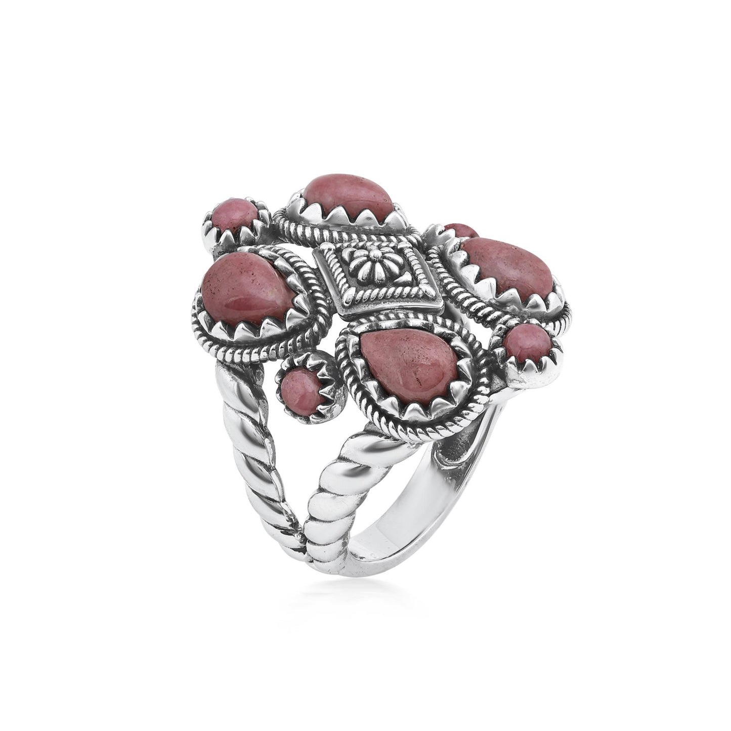 Sterling Silver Rhodonite 4 Pear and Round Cut Cluster Ring