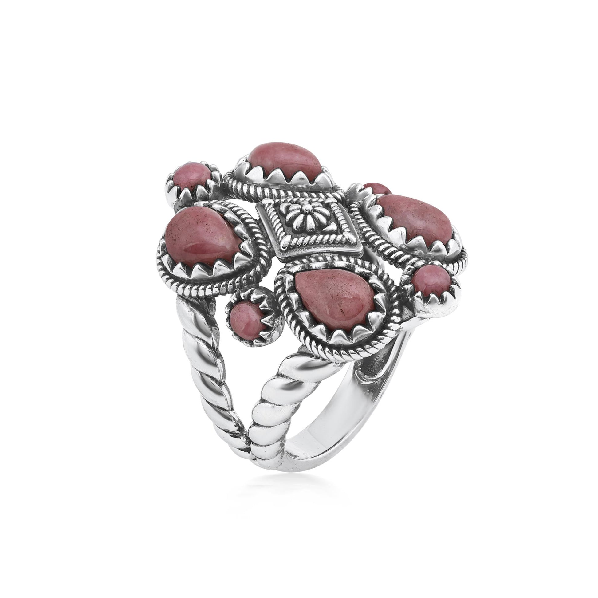 Sterling Silver Rhodonite 4 Pear and Round Cut Cluster Ring