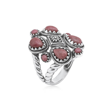 Sterling Silver Rhodonite 4 Pear and Round Cut Cluster Ring