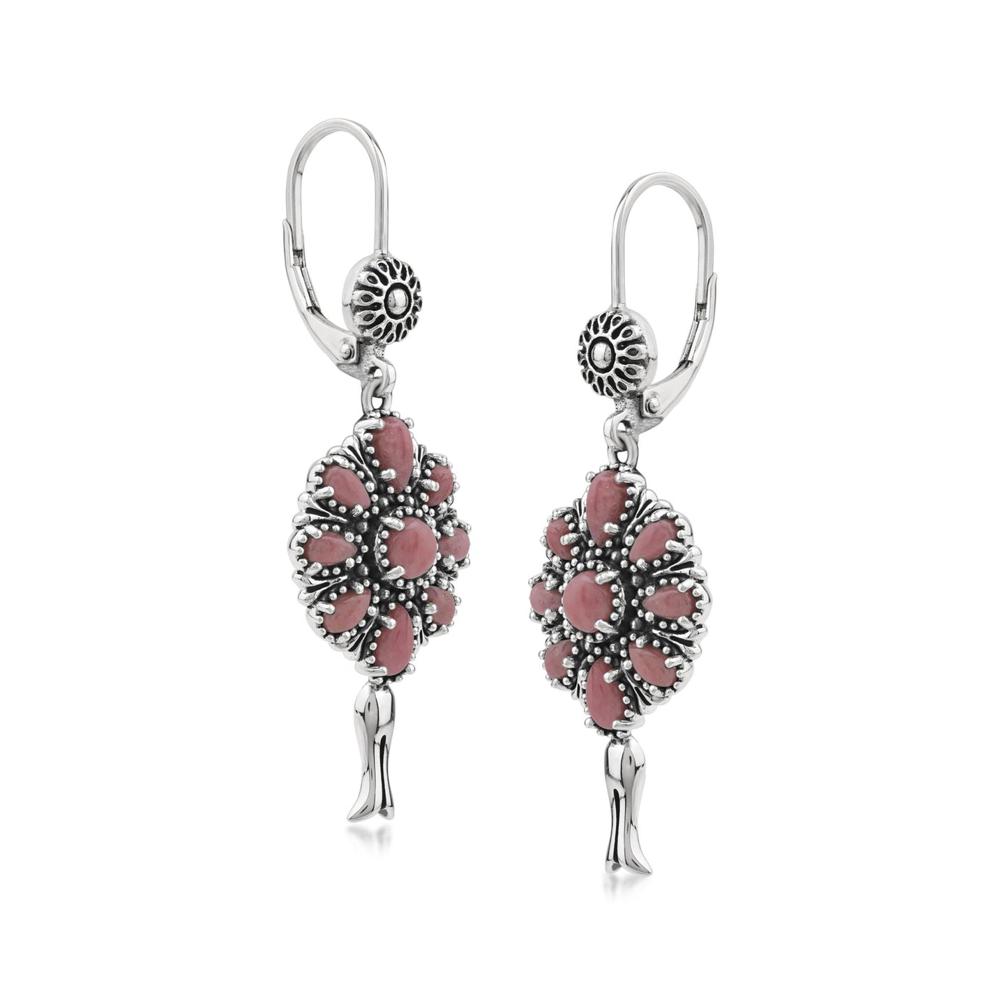  Sterling Silver Rhodonite Flower Cluster Squash Blossom Earrings