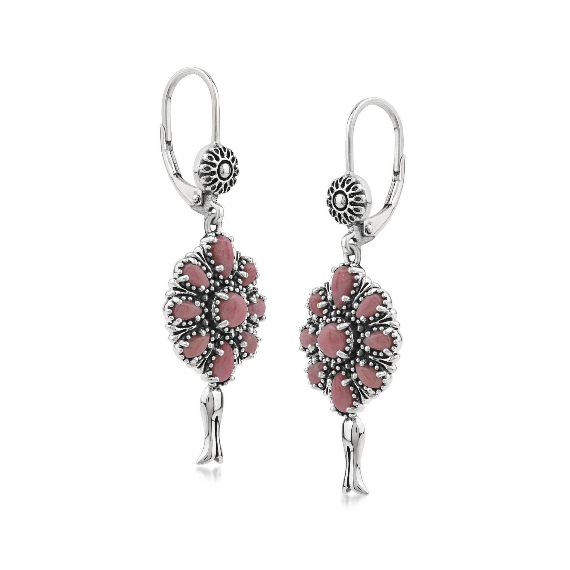  Sterling Silver Rhodonite Flower Cluster Squash Blossom Earrings