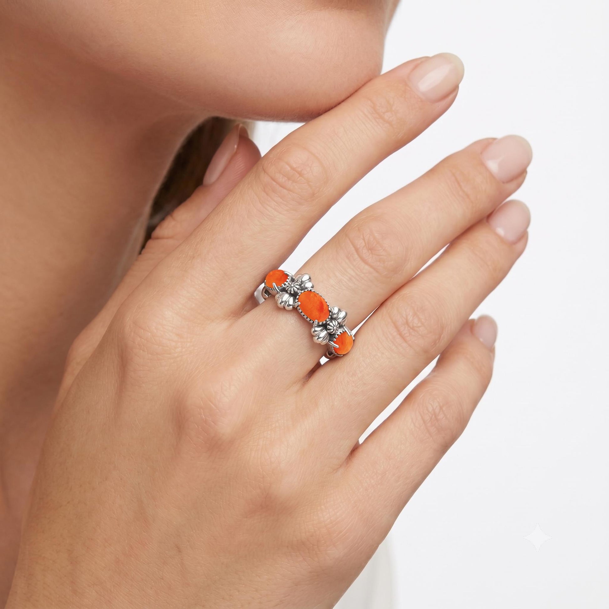 Sterling Silver Orange Spiny Oyster Oval Concha Band Ring