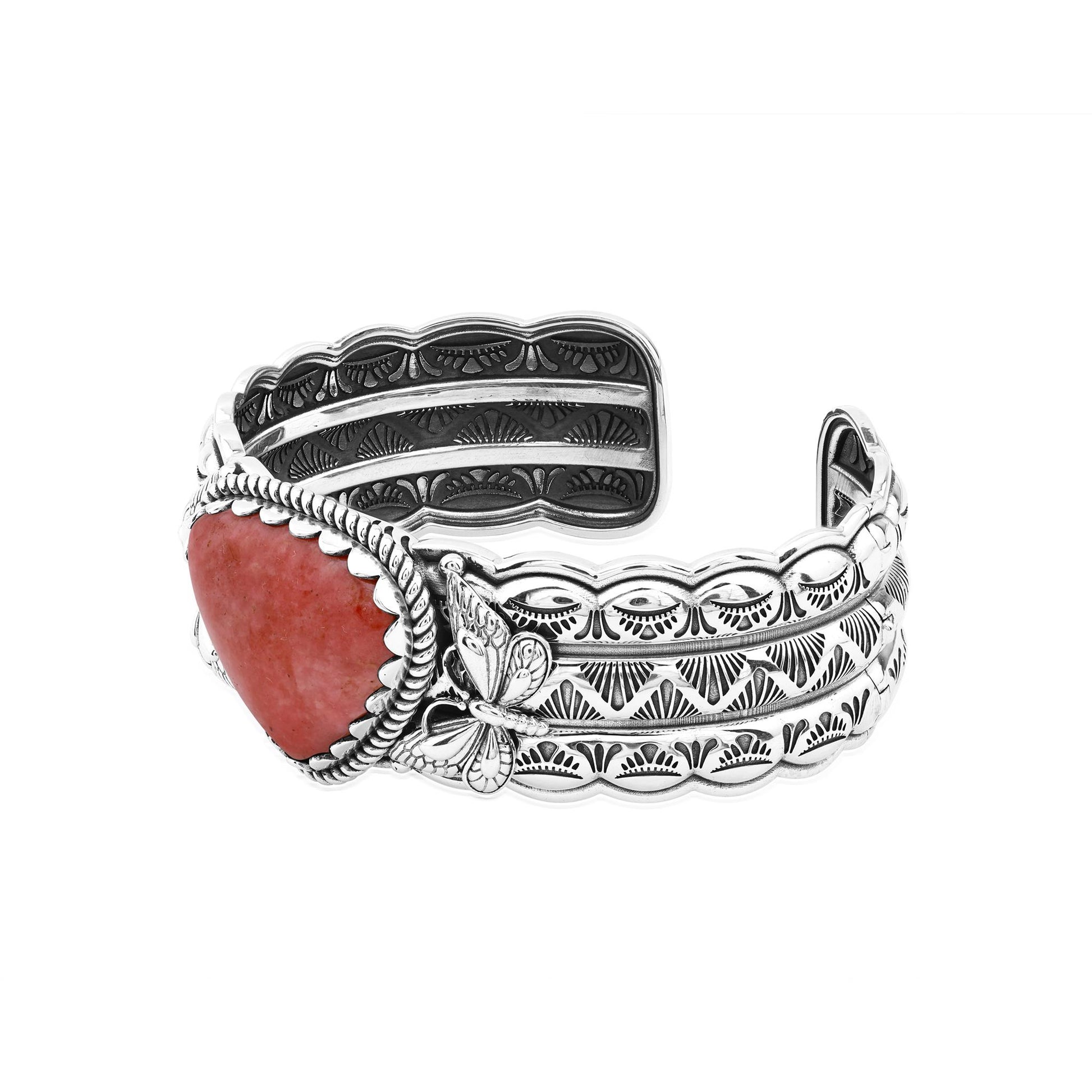 Sterling Silver Rhodonite Gemstone Butterfly Hinged Cuff Bracelet