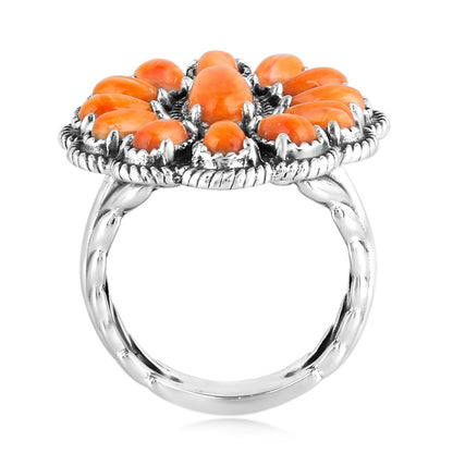 Sterling Silver Orange Spiny Oyster Flower Cluster Ring, Sizes 5 to 10