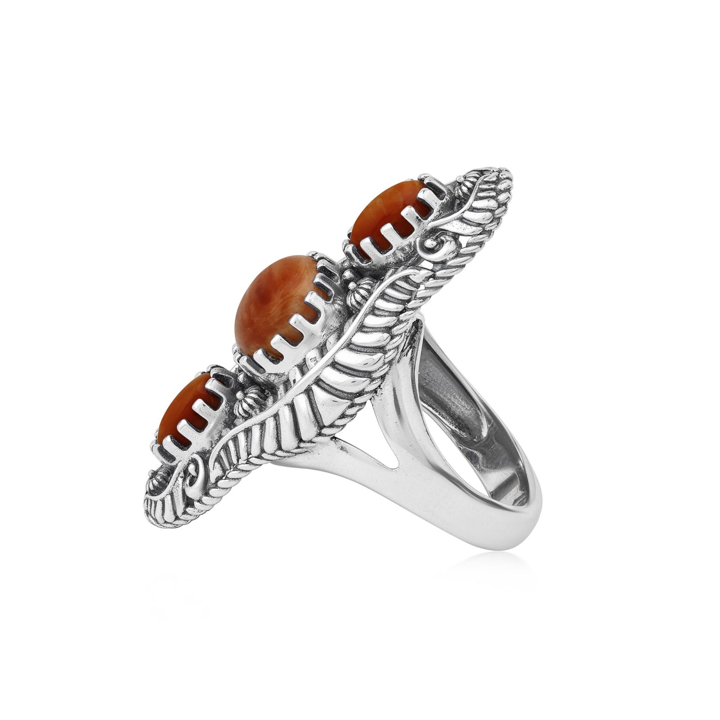 Sterling Silver Orange Spiny Oyster Leaf and Vine Oval Ring