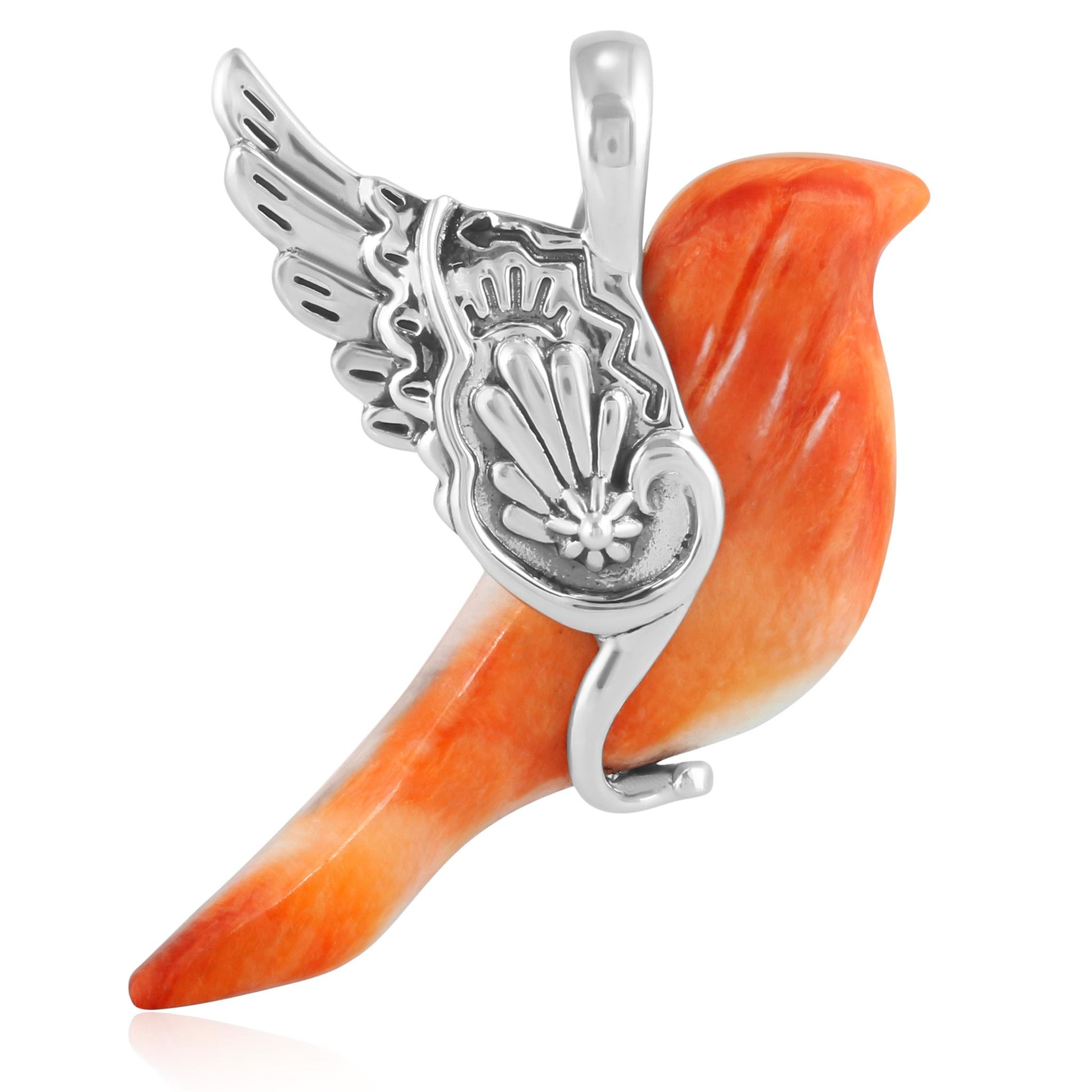 Sterling Silver Orange Spiny Oyster Gemstone Spirit Bird Design Pendant Enhancer