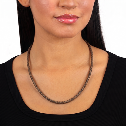Braided Antique Brown Leather Sterling Silver Necklace