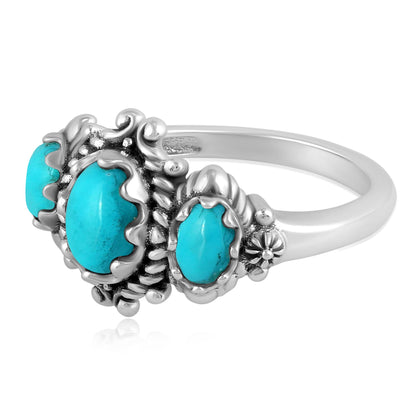 Sterling Silver Sleeping Beauty Turquoise 3-Stone Oval Scalloped Bezel Ring, Sizes 5 to 10