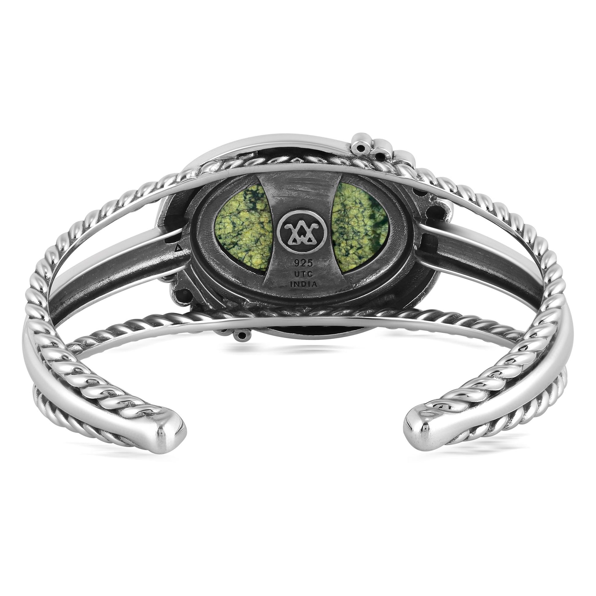 Sterling Silver Spiderweb Serpentine Bold Oval Gemstone Rope Cuff Bracelet