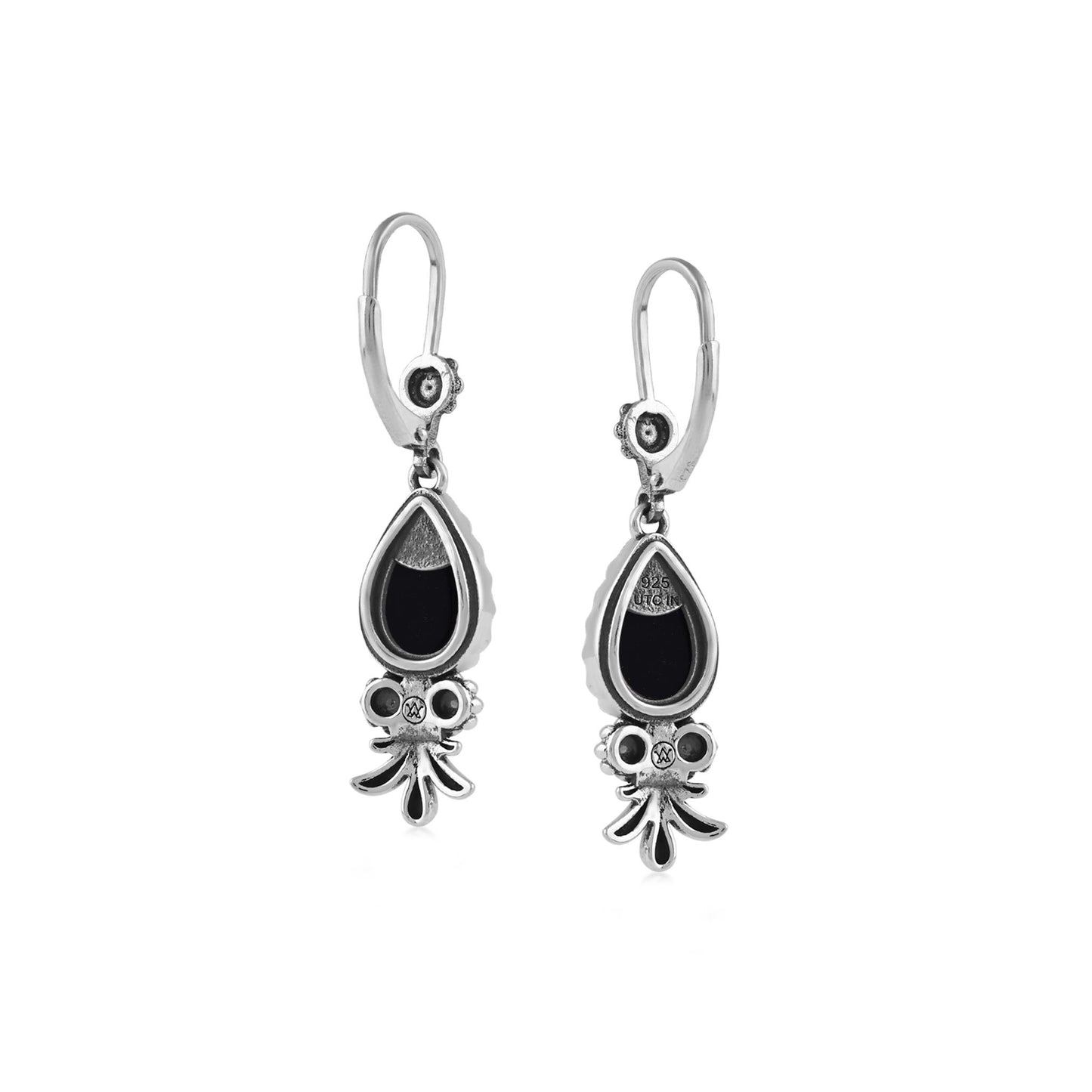  Sterling Silver Black Onyx Teardrop Concha Squash Blossom Dangle Earrings