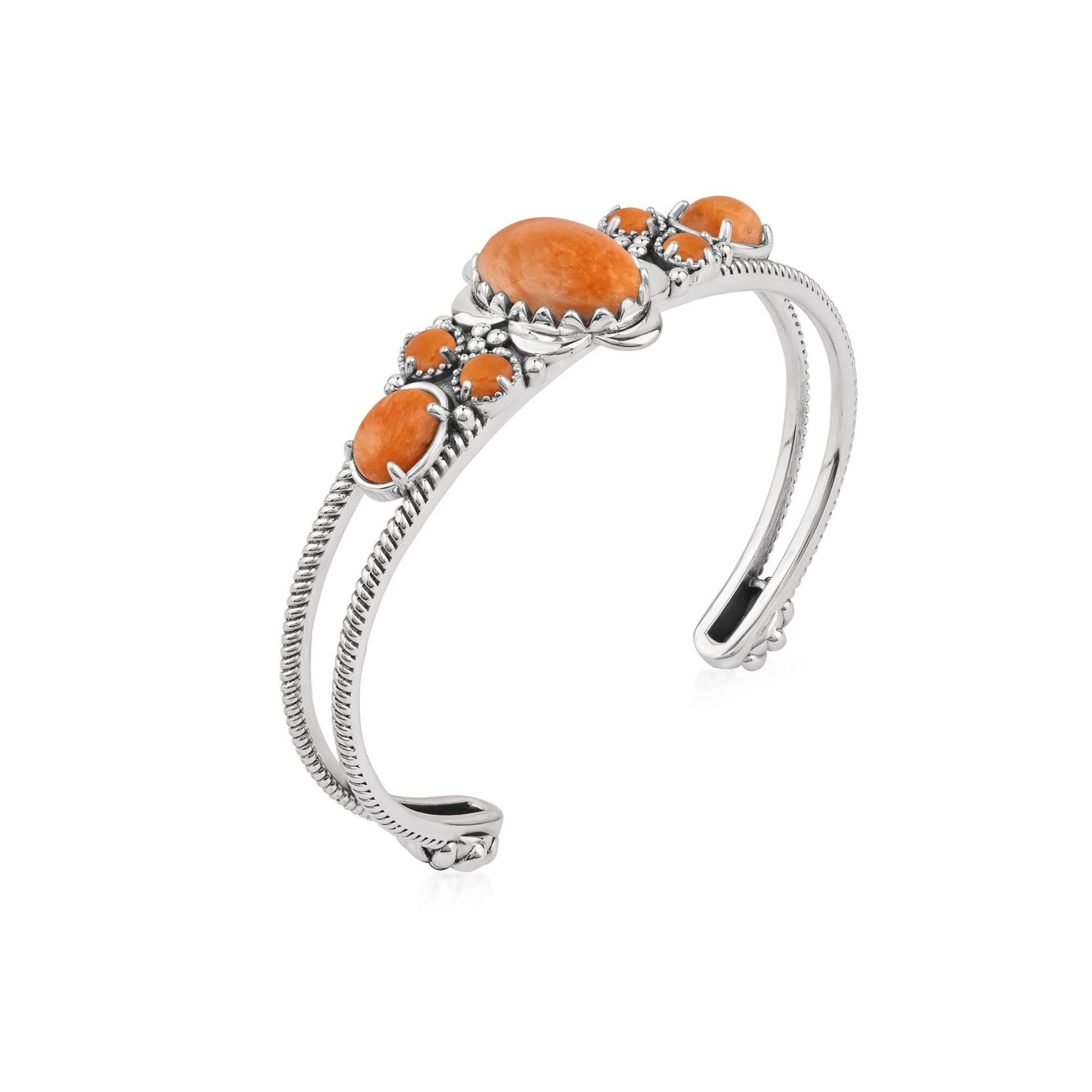  Sterling Silver Orange Spiny Oyster Oval and Round Open Cuff Bracelet