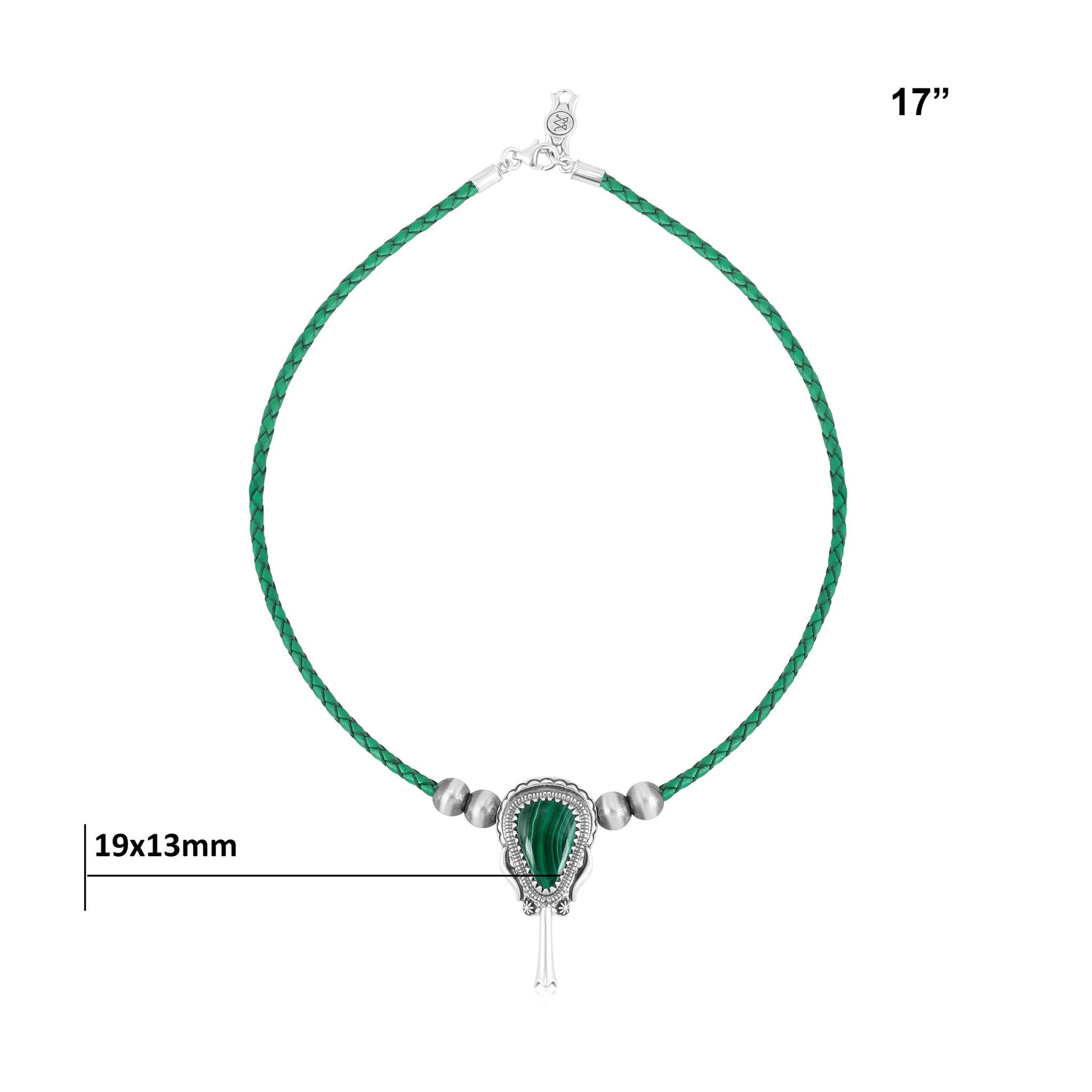Sterling Silver Malachite Green Leather Squash Blossom Necklace