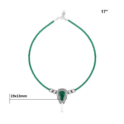 Sterling Silver Malachite Green Leather Squash Blossom Necklace