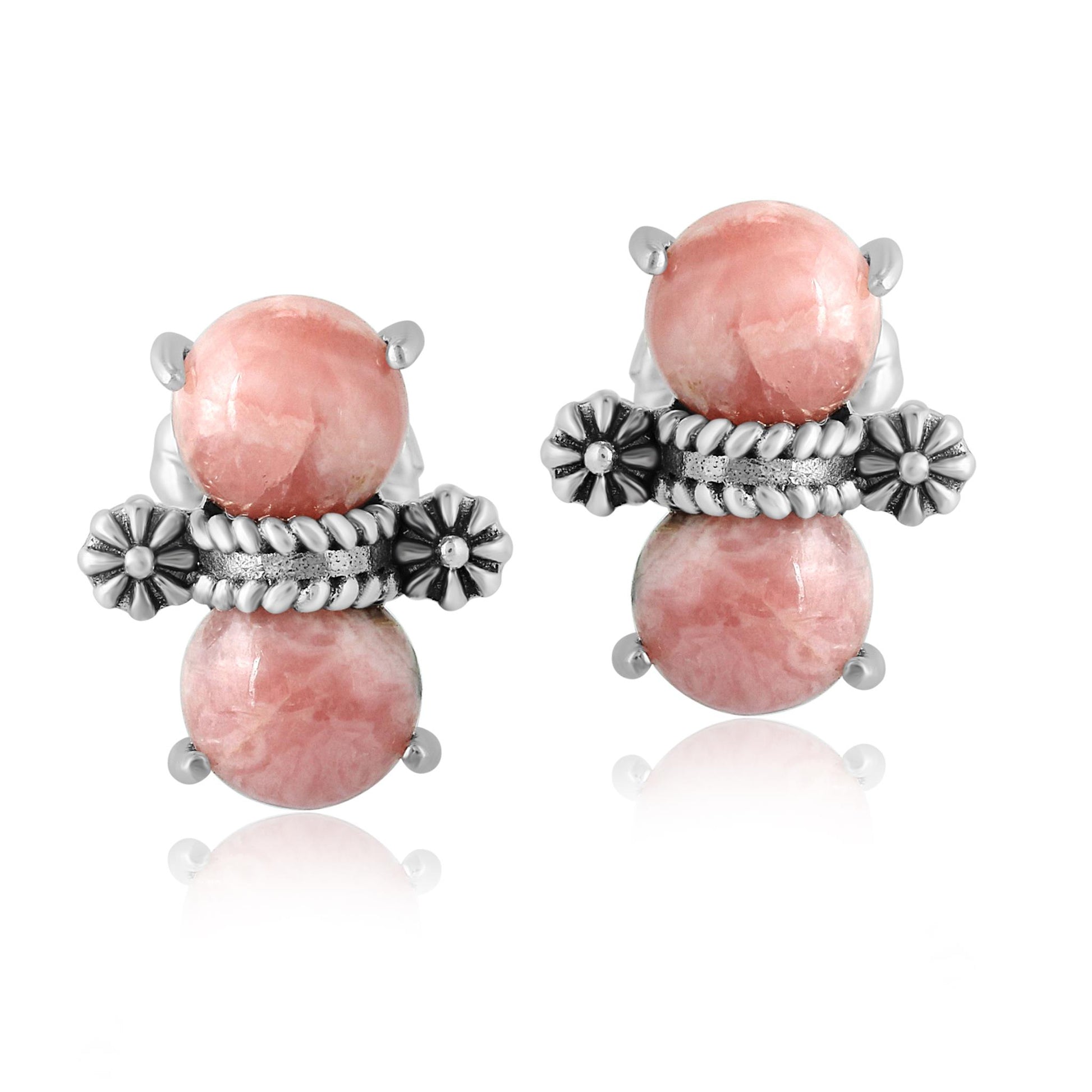 Sterling Silver Round Rhodochrosite Concha Stud Earrings 
