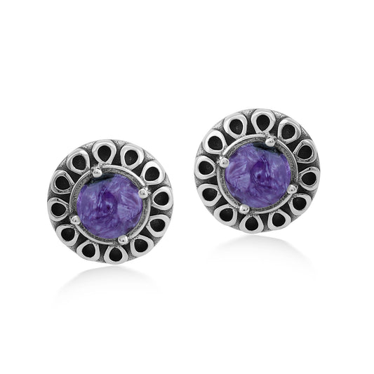 EXCLUSIVELY OURS! Sterling Silver Charoite Sunburst Stud Earrings