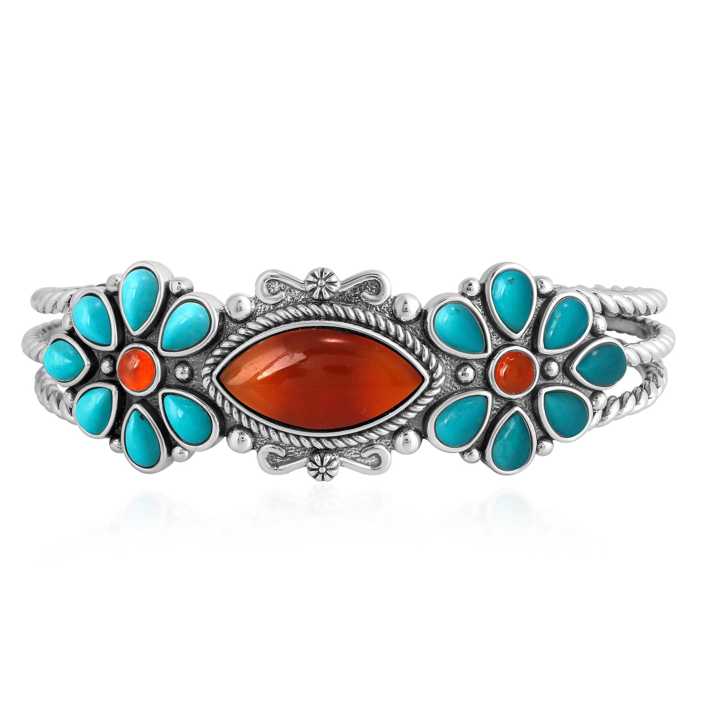 Sterling Silver Red Onyx Kingman Turquoise Floral Cluster Cuff Bracelet