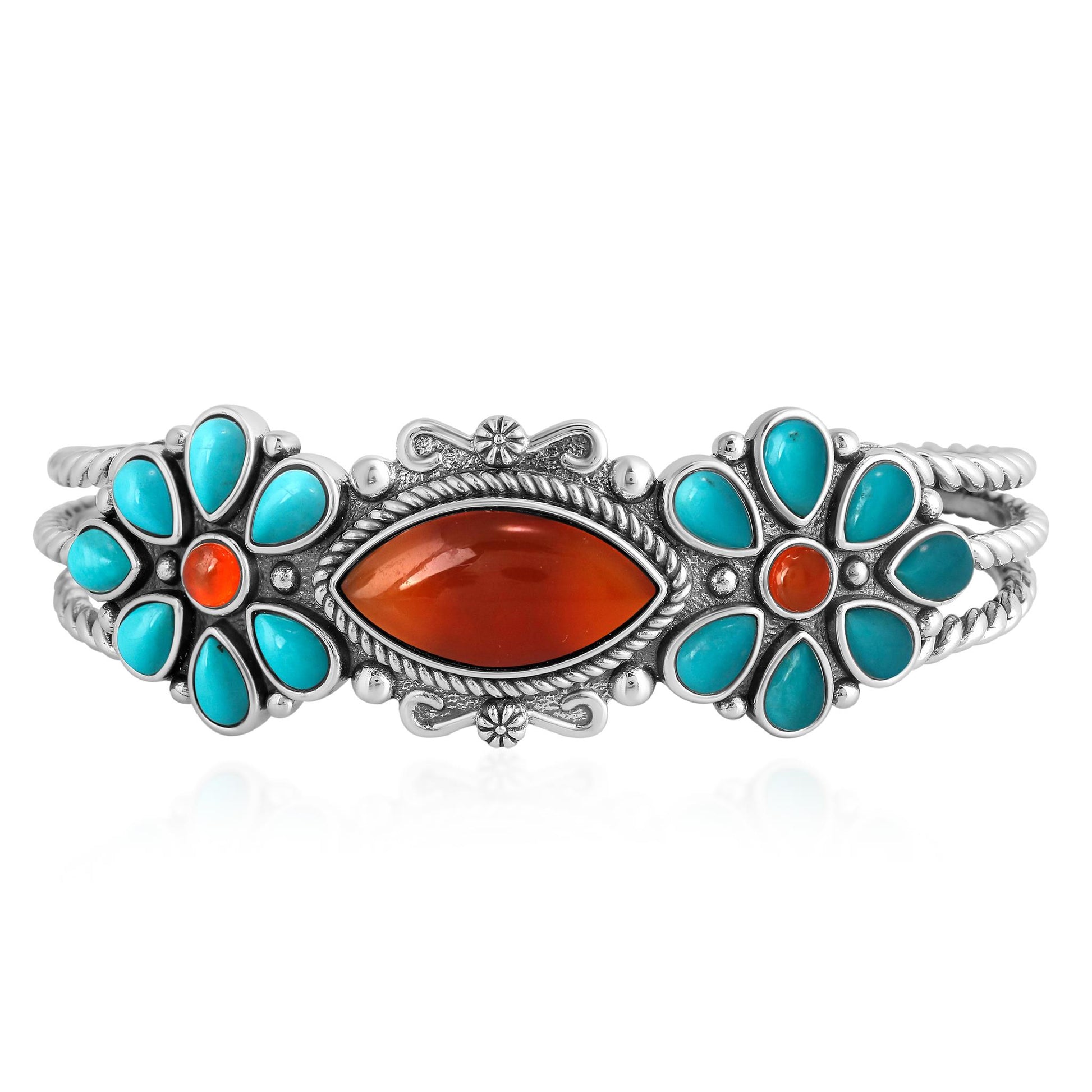 Sterling Silver Red Onyx Kingman Turquoise Floral Cluster Cuff Bracelet