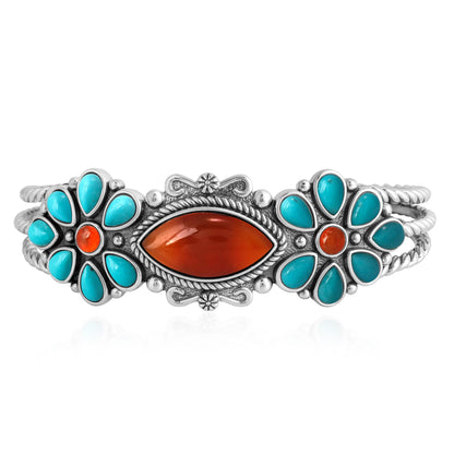 Sterling Silver Red Onyx Kingman Turquoise Floral Cluster Cuff Bracelet