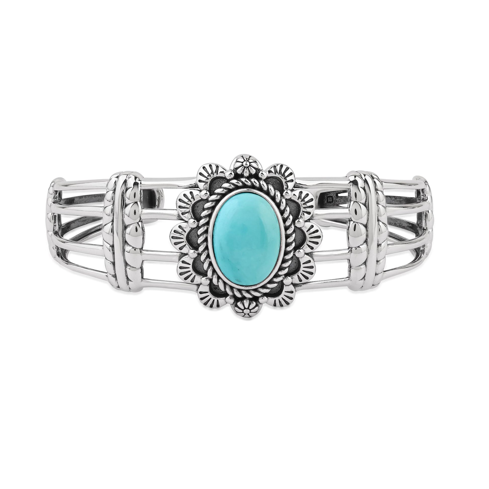  Sterling Silver Kingman Turquoise Oval Scallop Open Cuff Bracelet
