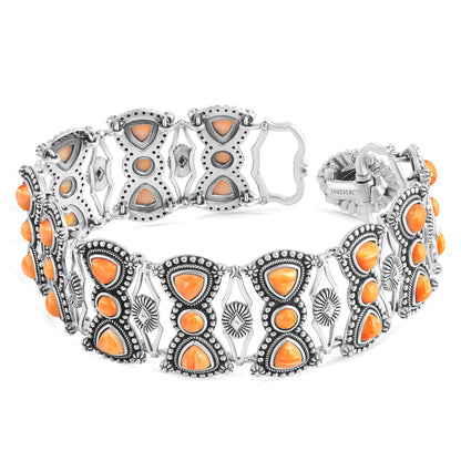 Sterling Silver Orange Spiny Oyster Round and Trillion Cut Link Bracelet, Sizes Small to Large