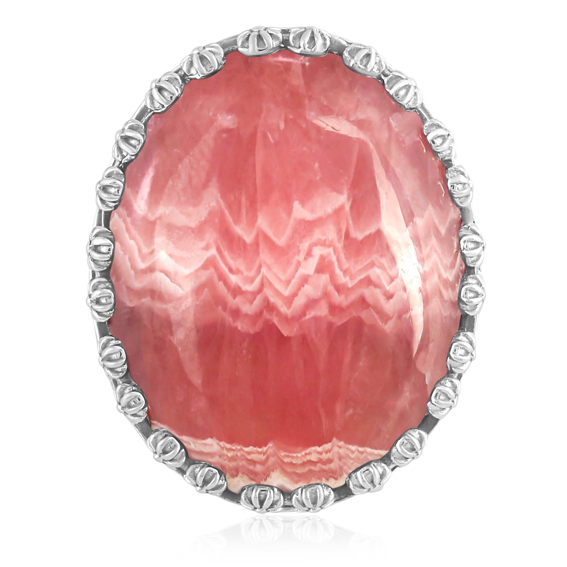 Sterling Silver Rhodochrosite Concha Flower Border Oval Cut Ring, Sizes 5 to 10