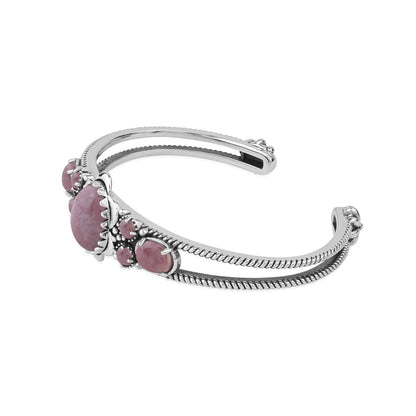  Sterling Silver Rhodonite Oval and Round Open Cuff Bracelet