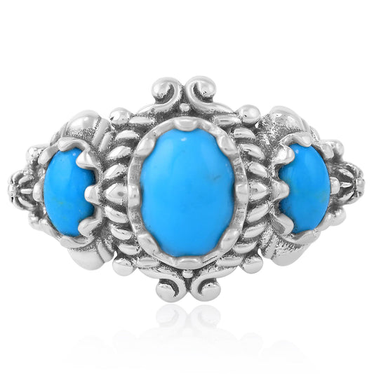 Sterling Silver Kingman Turquoise 3-Stone Oval Scalloped Bezel Ring