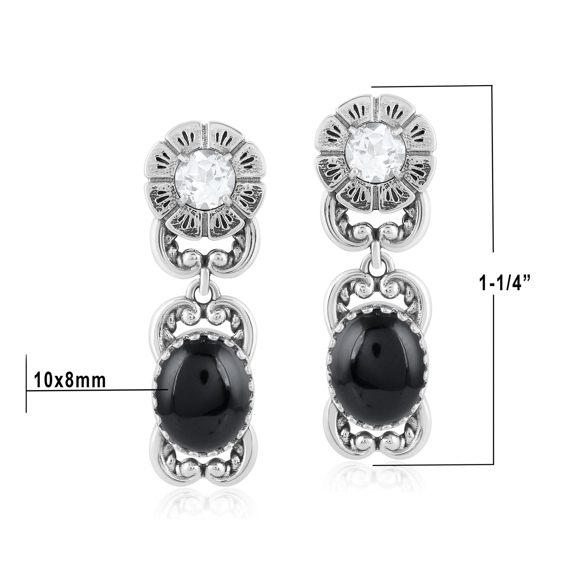 Sterling Silver Black Agate White Topaz Desert Bloom Dangle Earrings