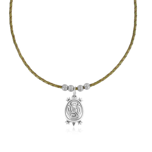 Sterling Silver Brown Leather Turtle Necklace, 17 to 20 Inches
