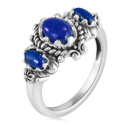 Sterling Silver Lapis 3-Stone Oval Scalloped Bezel Ring, Sizes 5 to 10