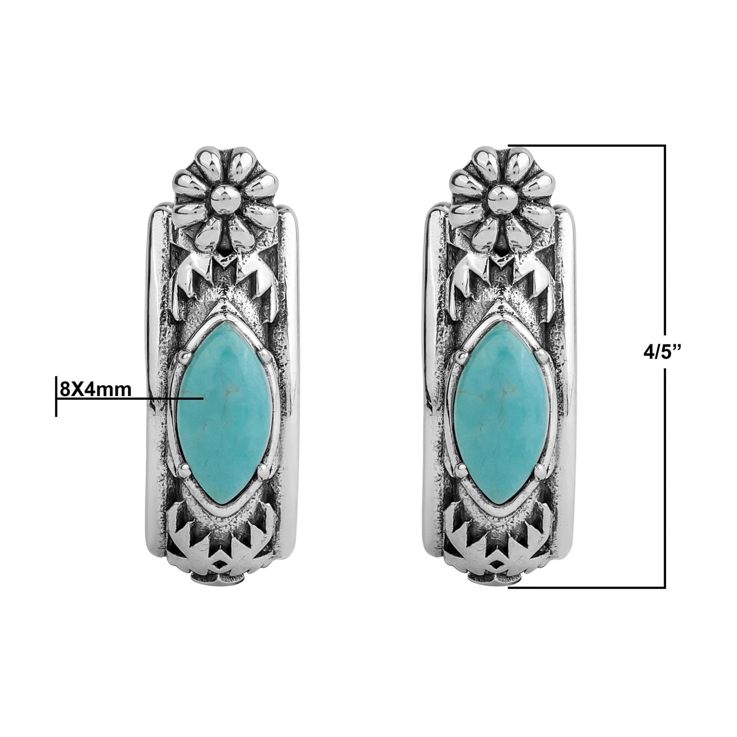 Sterling Silver Green Turquoise Marquise Cut Huggie Hoop Earrings 