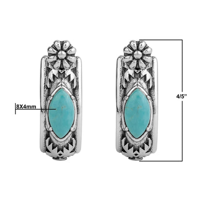 Sterling Silver Green Turquoise Marquise Cut Huggie Hoop Earrings 