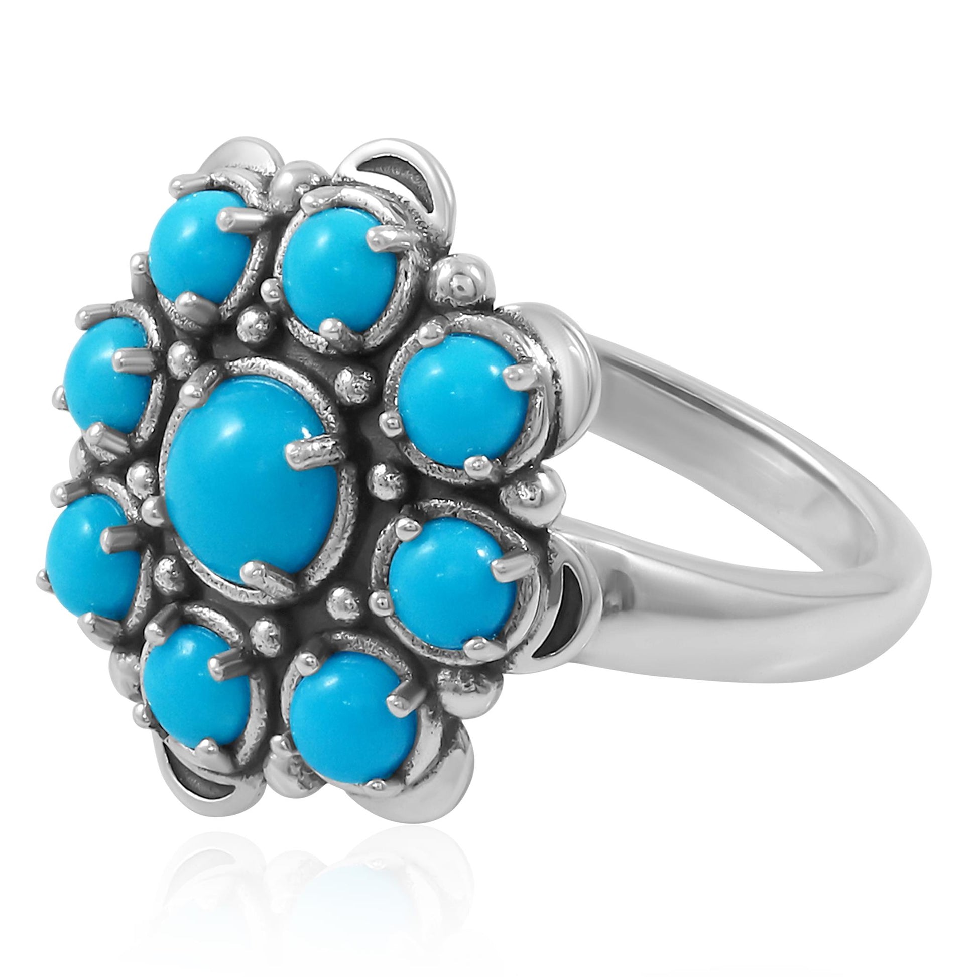 LIMITED EDITION! Sterling Silver Sleeping Beauty Turquoise Round Cut Flower Cluster Ring