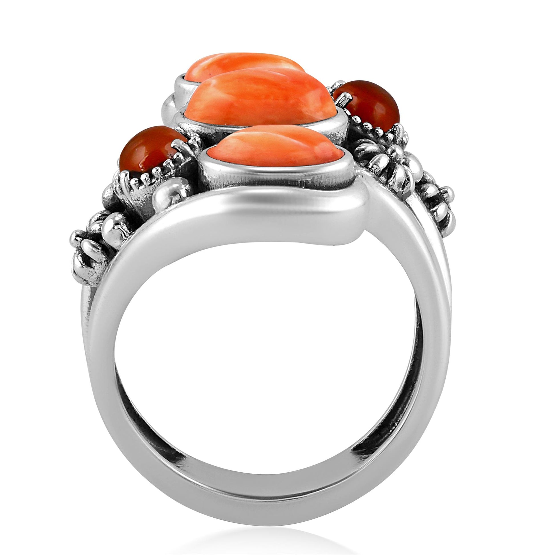 Sterling Silver Orange Spiny Oyster and Red Onyx Freeform Bypass Ring