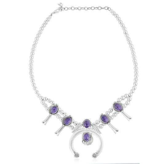 EXCLUSIVELY OURS! Sterling Silver Charoite Squash Blossom Necklace 17 to 20 Inches