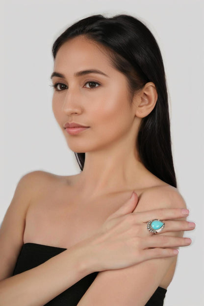 Sterling Silver Kingman Turquoise Pear Cut Ring, Sizes 5 to 11