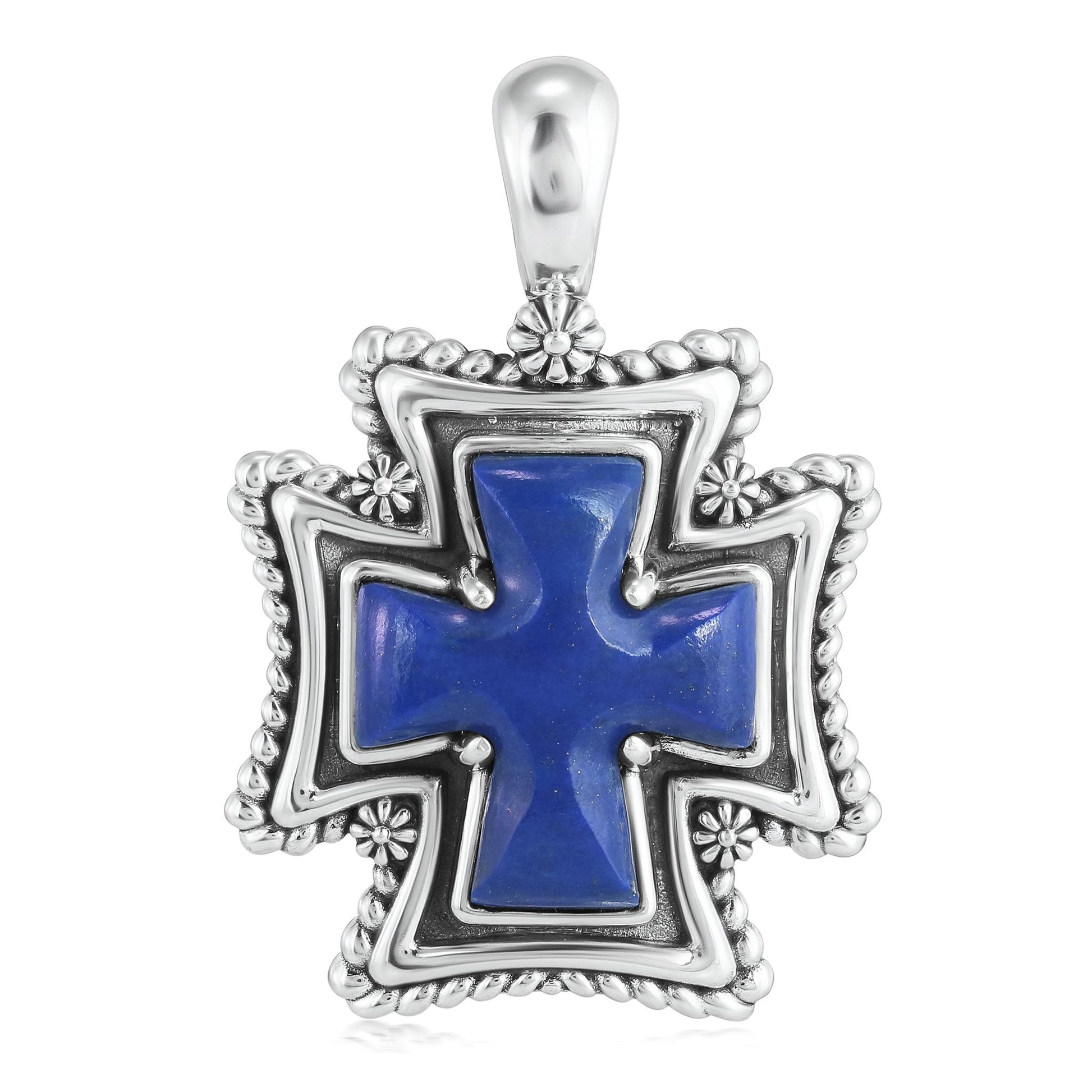Sterling Silver Lapis Rope Detail Cross Pendant Enhancer