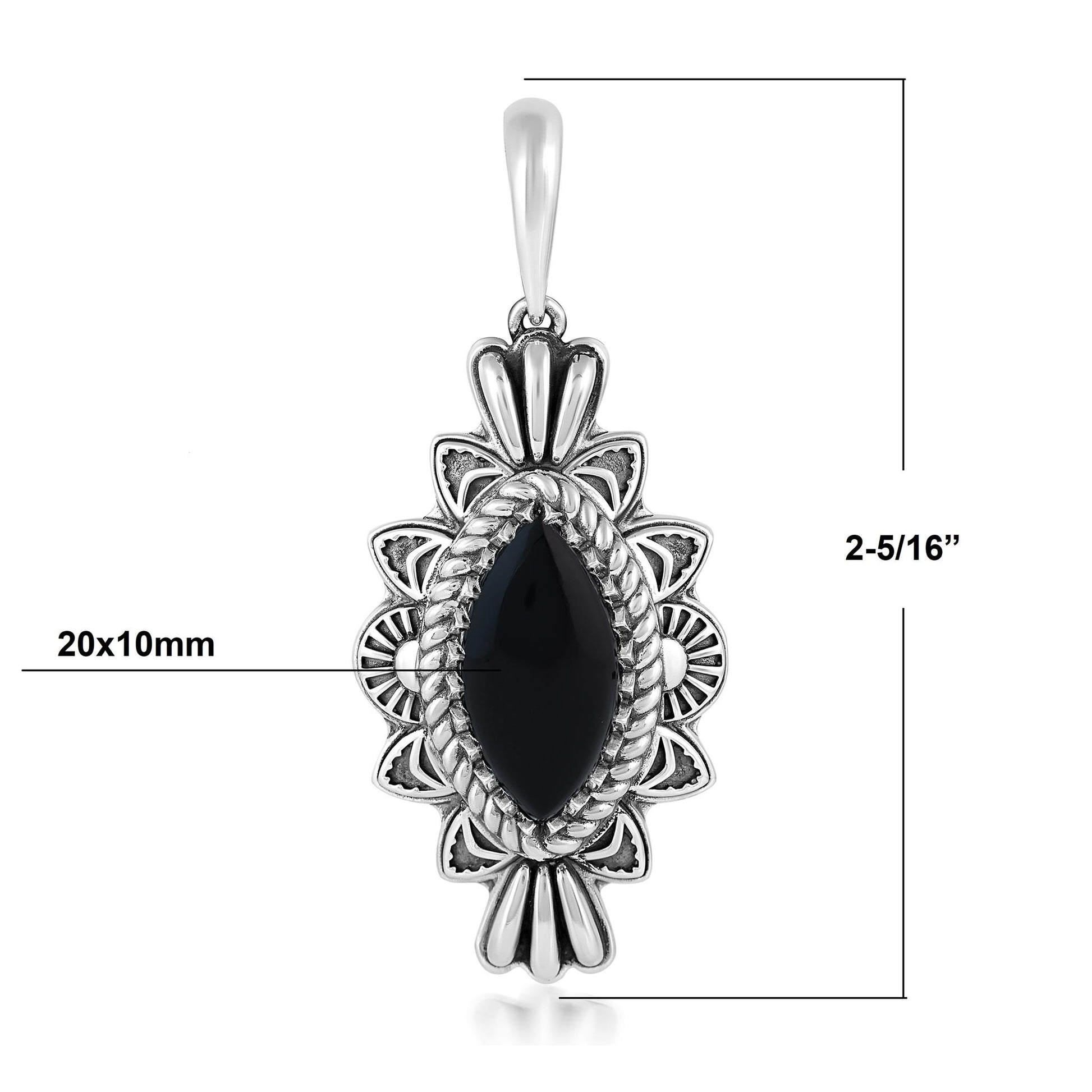  Sterling Silver Black Onyx Marquise Cut Gemstone Pendant Enhancer