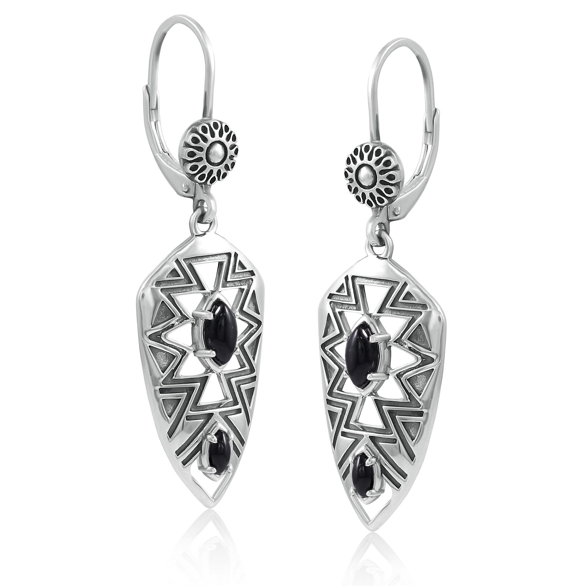 Sterling Silver Marquise Black Agate Patterned Lever Back Earrings 
