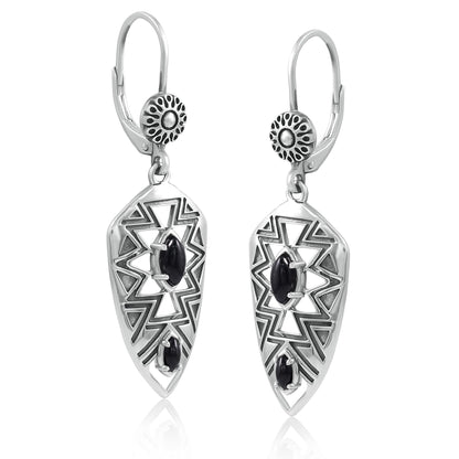 Sterling Silver Marquise Black Agate Patterned Lever Back Earrings 