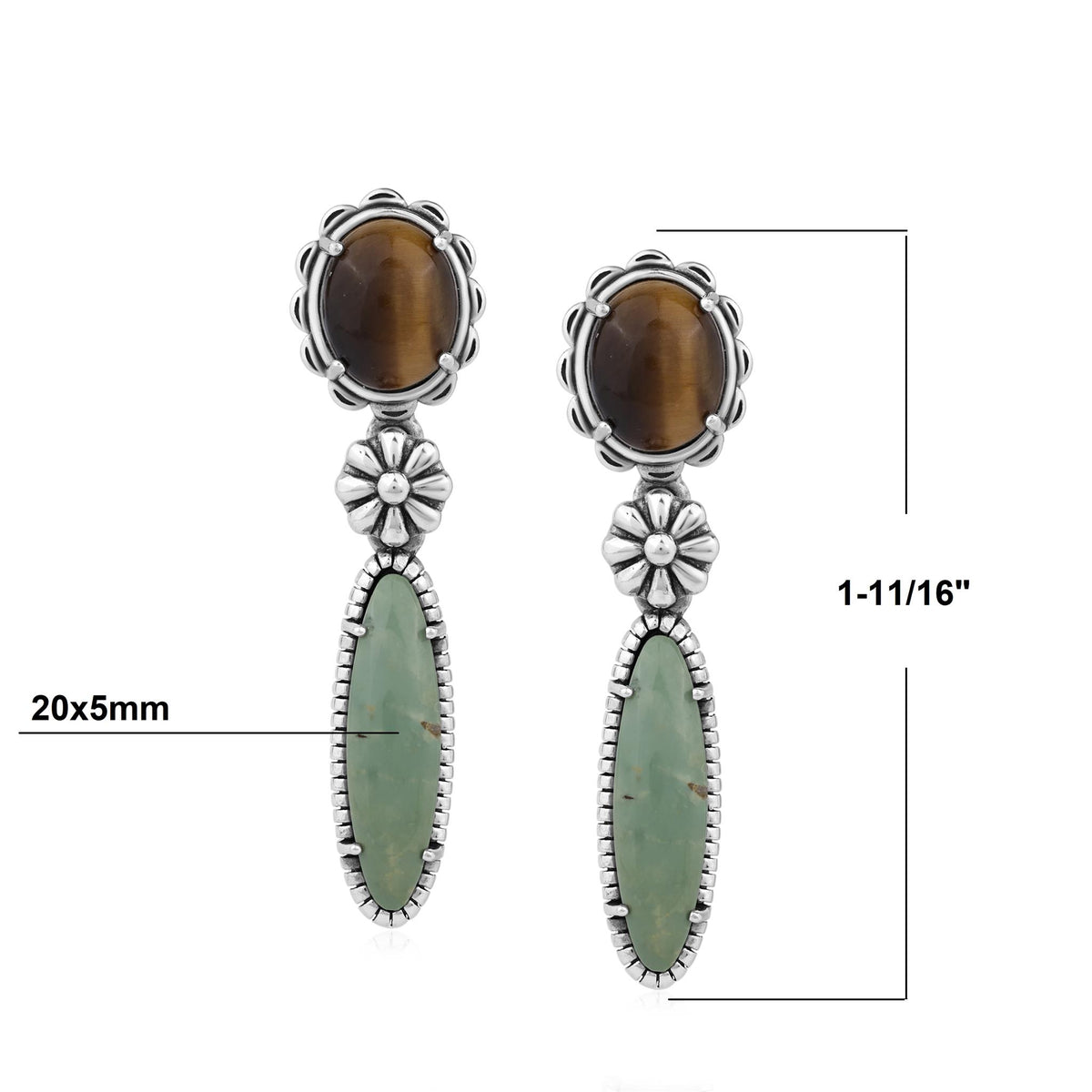 Sterling Silver Tiger's Eye Green Turquoise Oval Cabochon Dangle Earrings