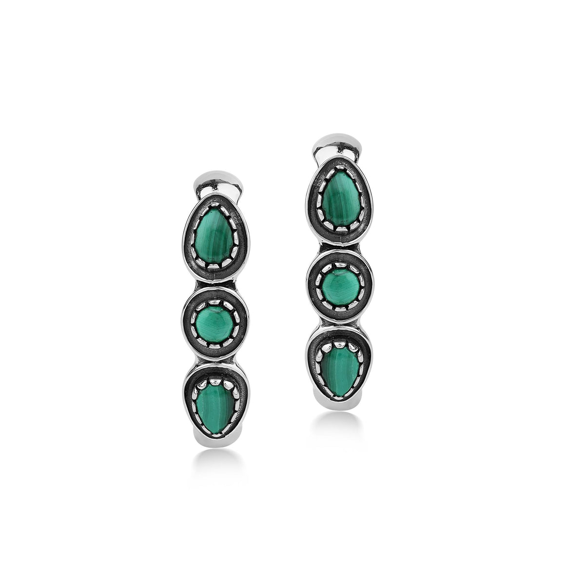 EXCLUSIVELY OURS! Sterling Silver Malachite Pear and Round Cut Hoop Earrings