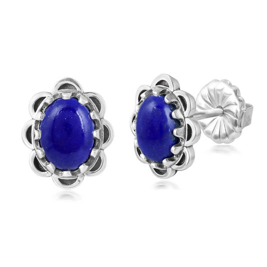 Sterling Silver Lapis Concha Flower Stud Earrings