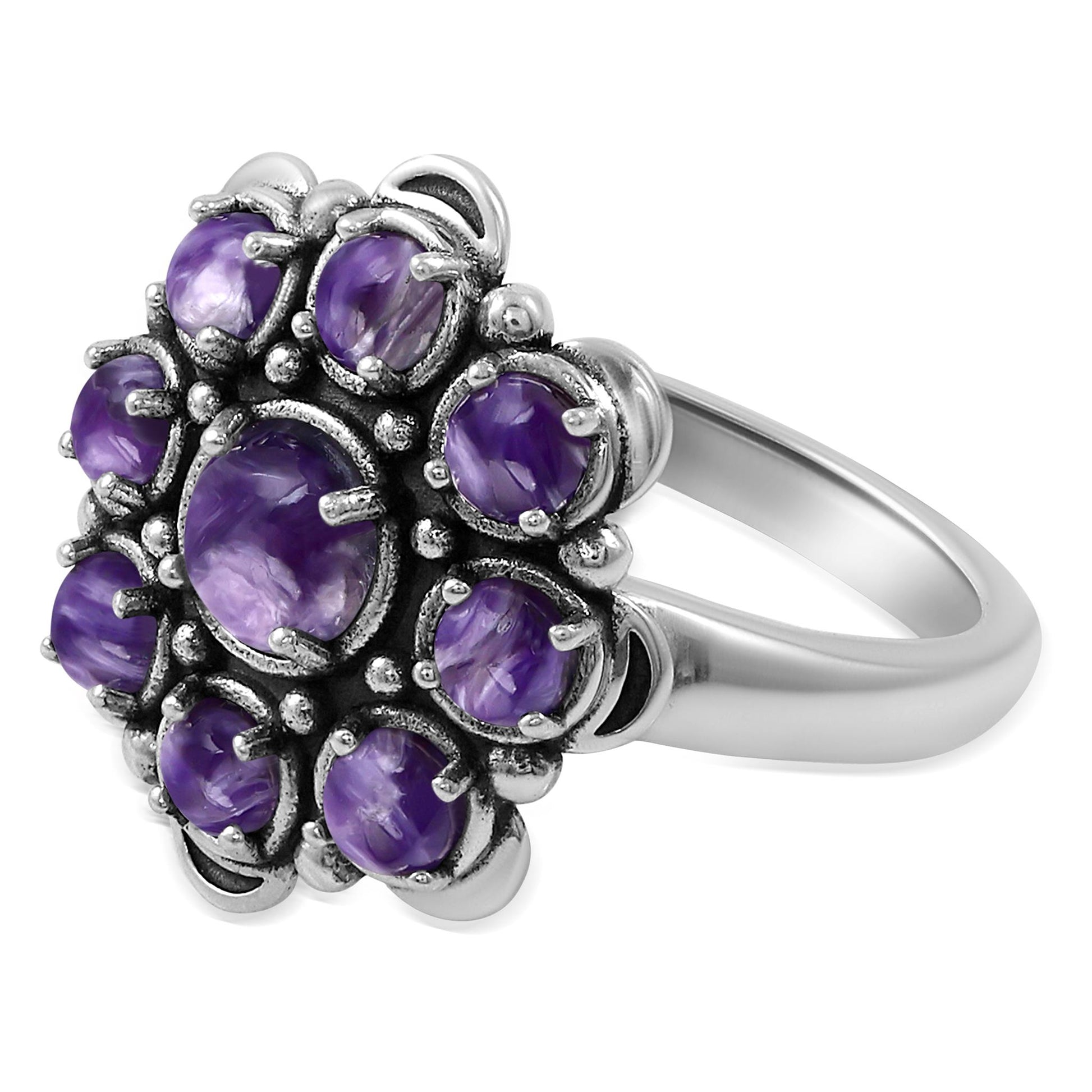 Sterling Silver Charoite Round Cut Flower Cluster Ring