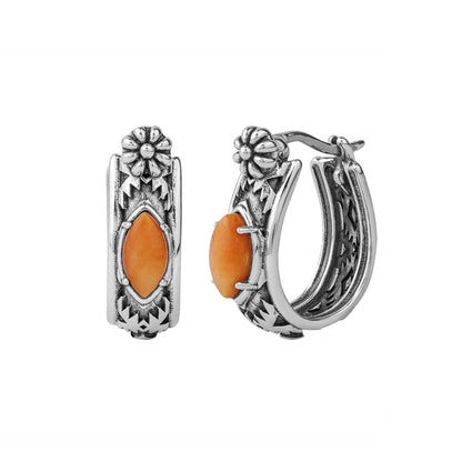 Sterling Silver Orange Spiny Oyster Marquise Cut Huggie Hoop Earrings 