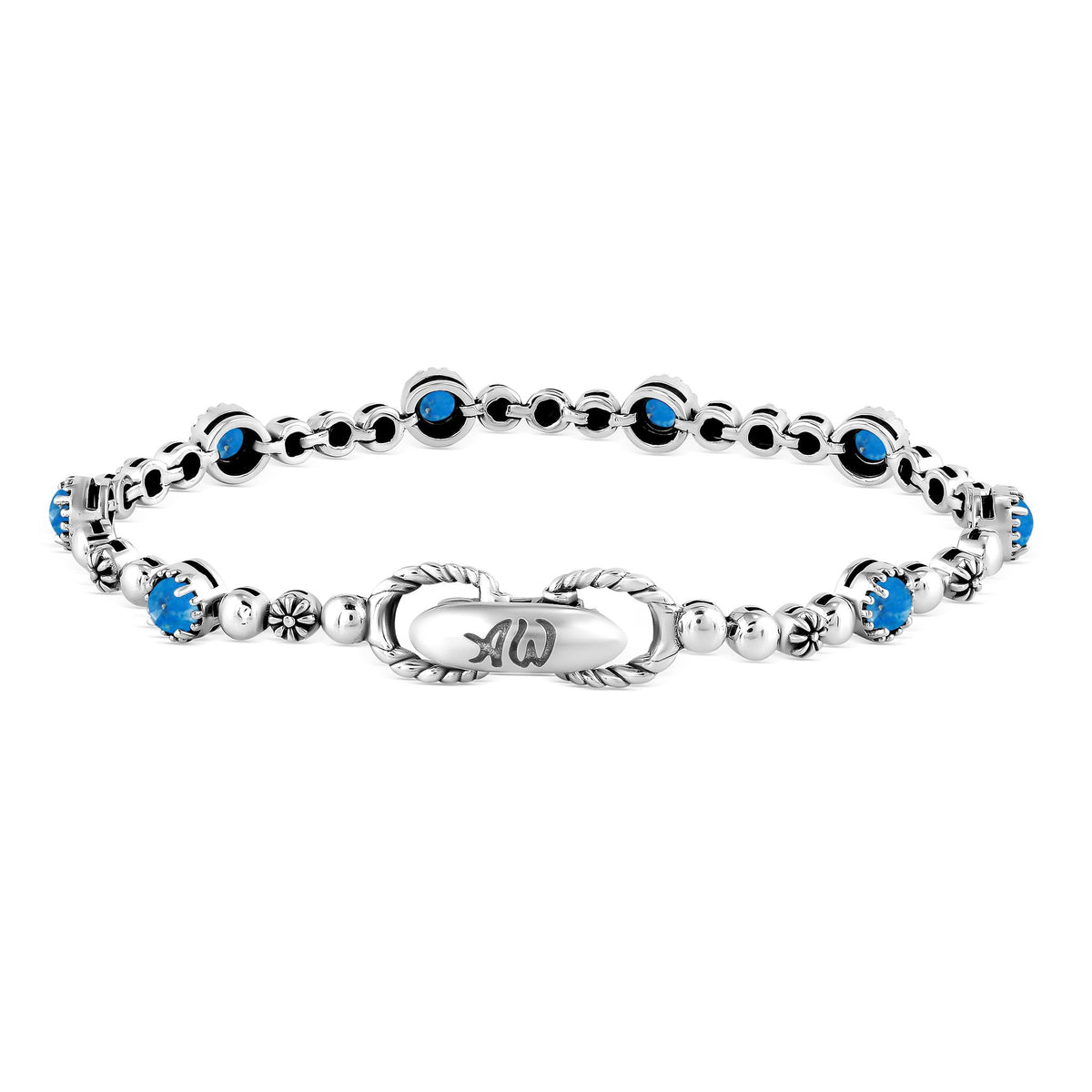 Sterling Silver Denim Lapis Round Beaded Bracelet
