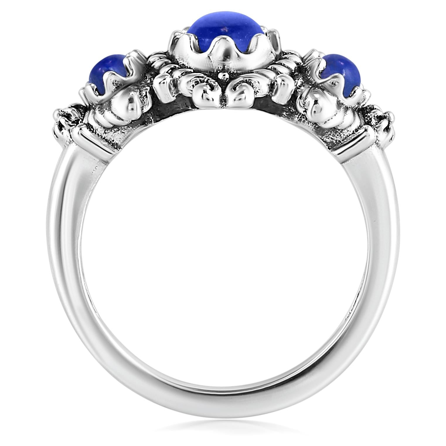 Sterling Silver Lapis 3-Stone Oval Scalloped Bezel Ring, Sizes 5 to 10