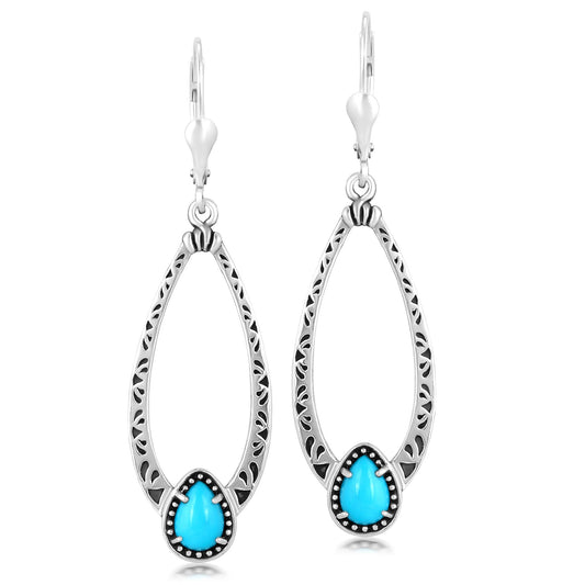 Sterling Silver Turquoise Pear-Cut Long Oval Lever Back Dangle Earrings