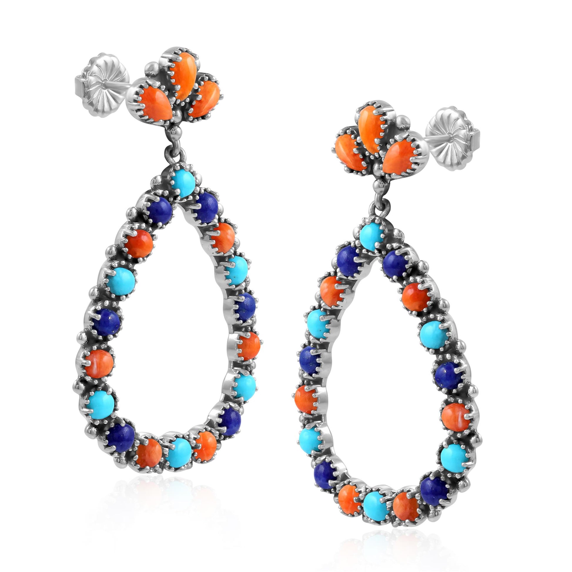 Sterling Silver Orange Spiny Oyster, Turquoise and Lapis Teardrop Post Back Earrings