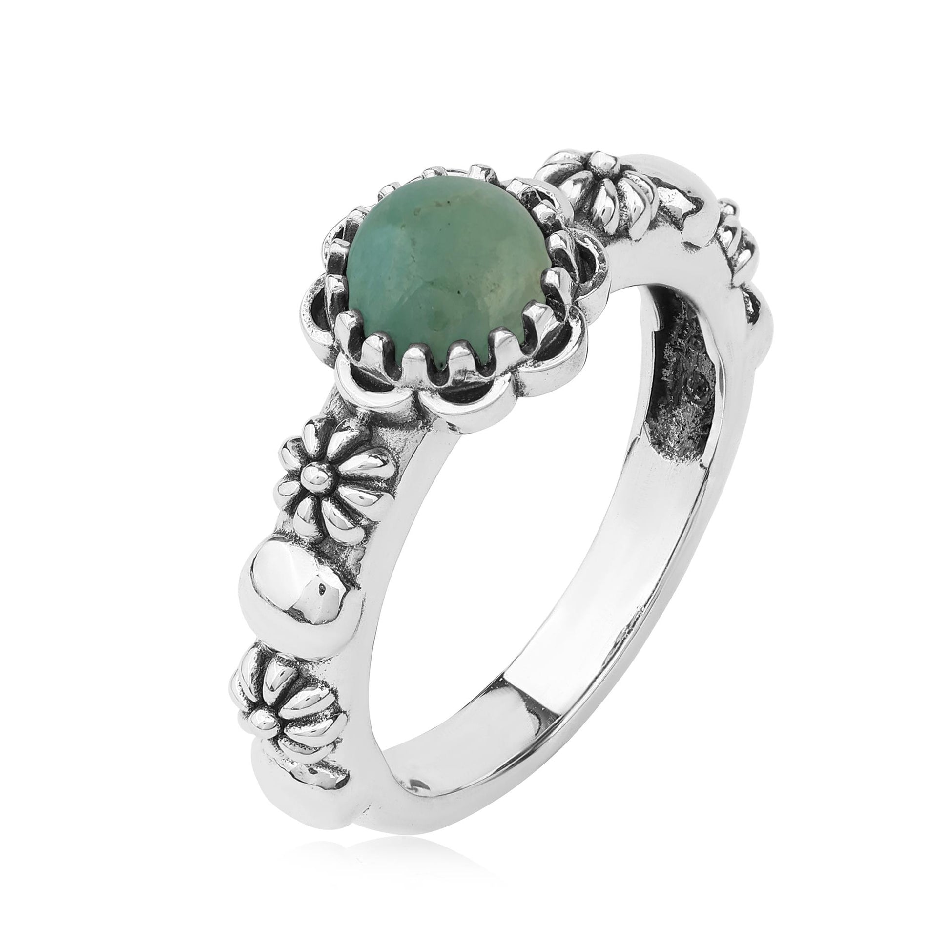  Sterling Silver Green Turquoise Single Row Concha Flower Ring